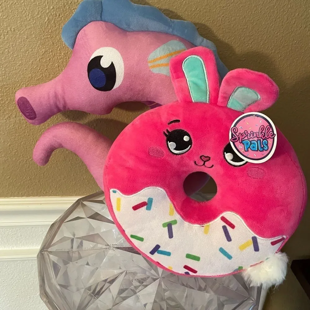Pink and Blue Plush Seahorse and Donut Toy Set